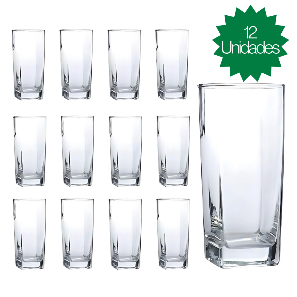 Jogo De 12 Copos 320ml Vidro Bali Quadrado Luxo Transparente