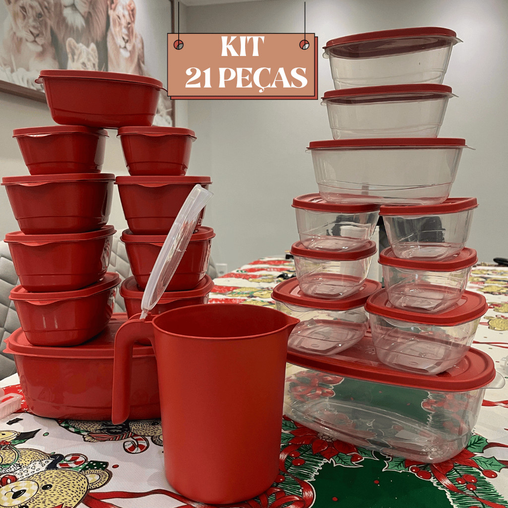 Kit Jogo Potes De Cozinha C/ 21 ou C/11 Peças De Plástico Hermético+Jarra Para Armazenar Alimentos