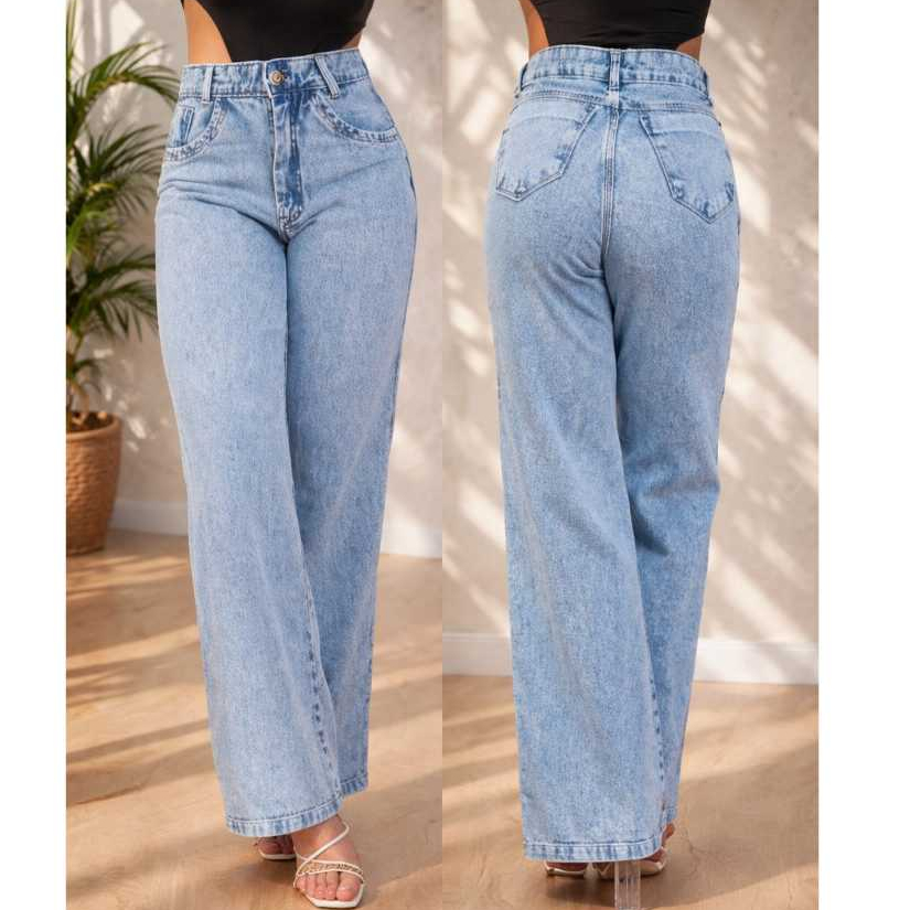 Calça Wide Leg Jeans Feminina Cintura Alta