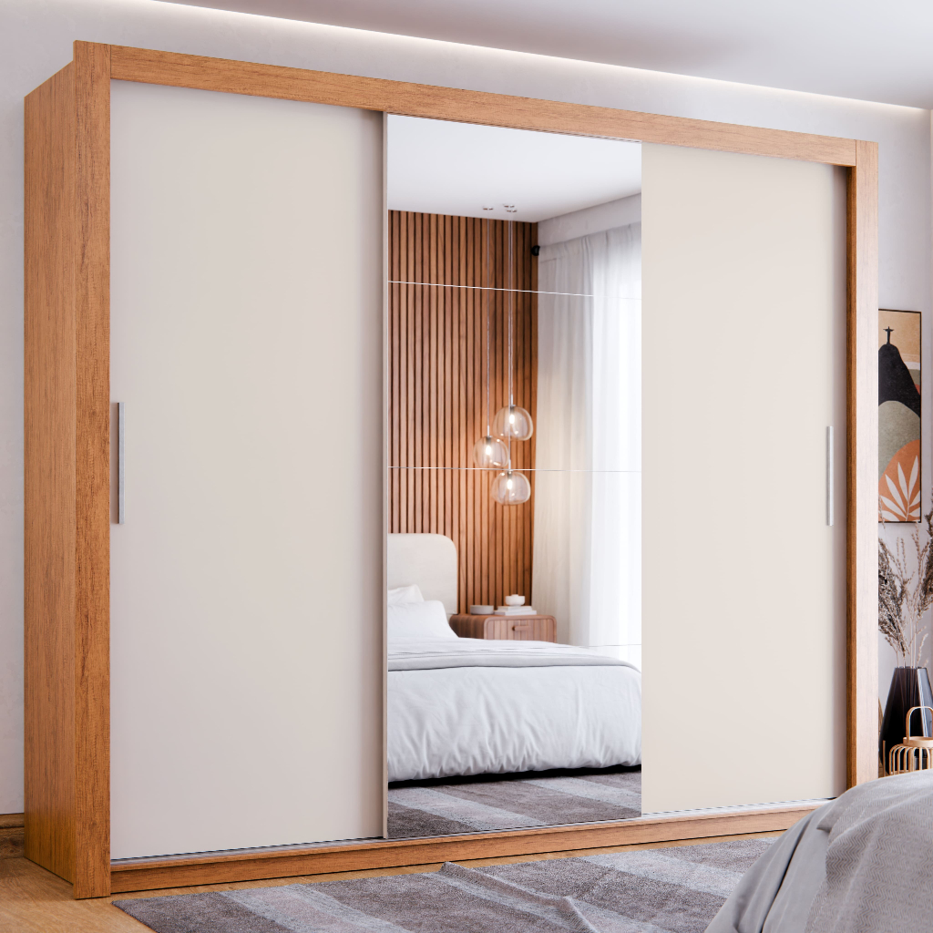 Guarda-Roupa Casal com Espelho 3 Portas de Correr 4 Gavetas Grande e Moderno Maxi Plus