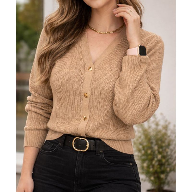Cardigan Feminino Tricot Manga Longa Botões Dourados Inverno Elegante