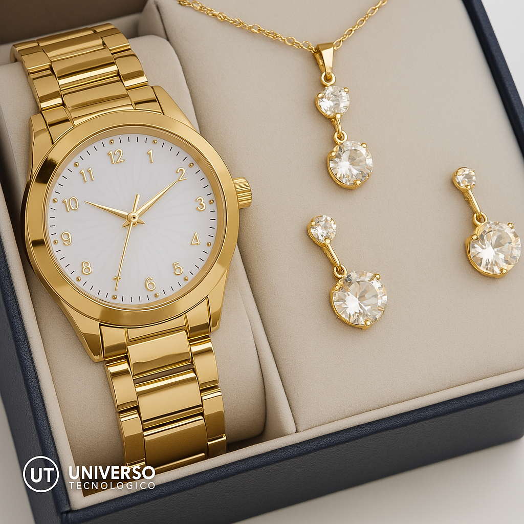 Relógio Feminino + Kit Colar Brincos Folheados A Ouro 18k