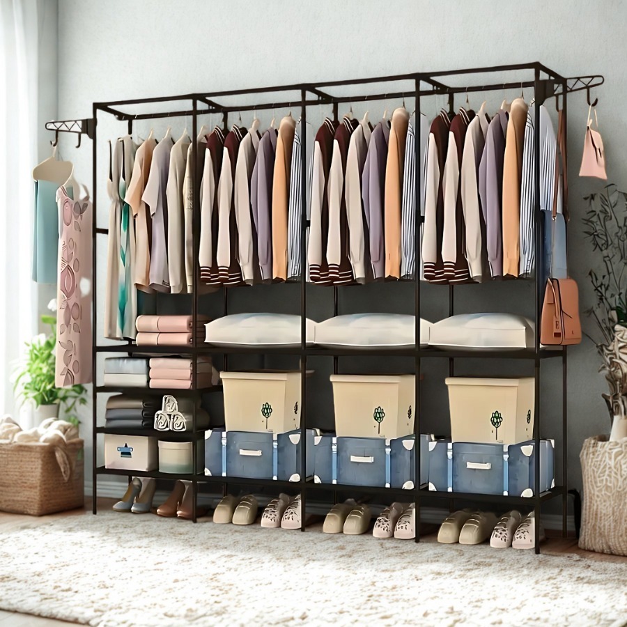 Cabideiro Casal Closet Arara com Prateleiras Organizadora de Roupas Solteiro Portátil Desmontável