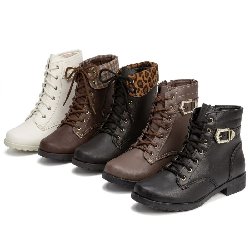 Coturno Bota Adulta feminina Tratorado Preto-Marrom-Xadrez-Onça