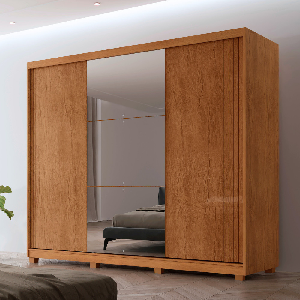 Guarda Roupa Casal Connor MDF 3 Portas 4 Gavetas 6 Prateleiras com Espelho e Pés Moderna Mobília