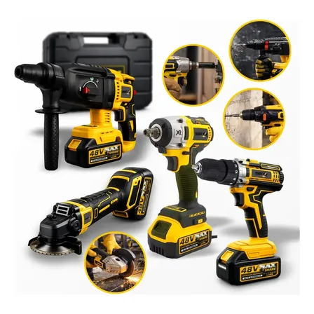 Kit Multiferramentas 4 Em 1 | 48v Sem Fio Com 2 Baterias Furadeira Parafusadeira, Martelete, Esmerilhadeira, Chave De Impacto Com Maleta Alta Potência Uso Profissional E Doméstico - Simake