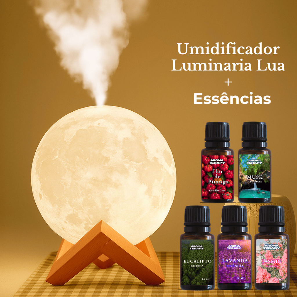 Umidificador Luminária + Essências Abajur 2em1 900ml Lua 3d Vaporizador de Ambiente Difusor De Ar