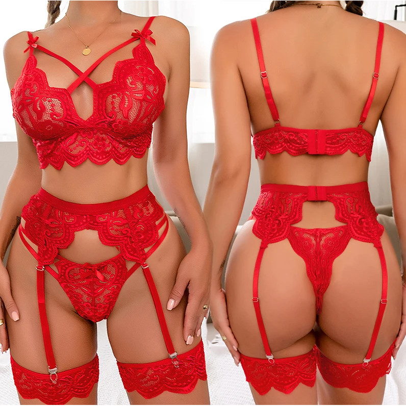Conjunto De Lingerie Sexy De Renda Feminina , Biquíni Erótico De Pelúcia , 3 Peças , Sutiã , Calcinha , Ligas , Conjunto