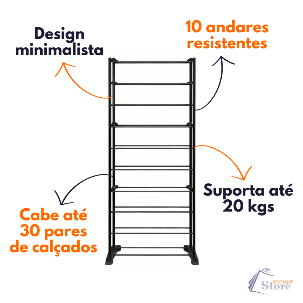 Sapateira 10 Andares Preta Até 30 Pares Organizador Vertical Desmontável Multiuso Fácil Montagem