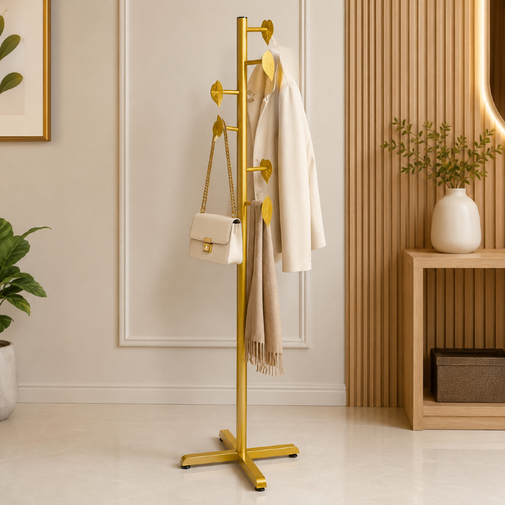 Cabideiro de Chão Leaf Luxo em Aço Carbono 6 Gancho | Mancebo Moderno para Roupas, Bolsas e Acessórios Arara Vertical
