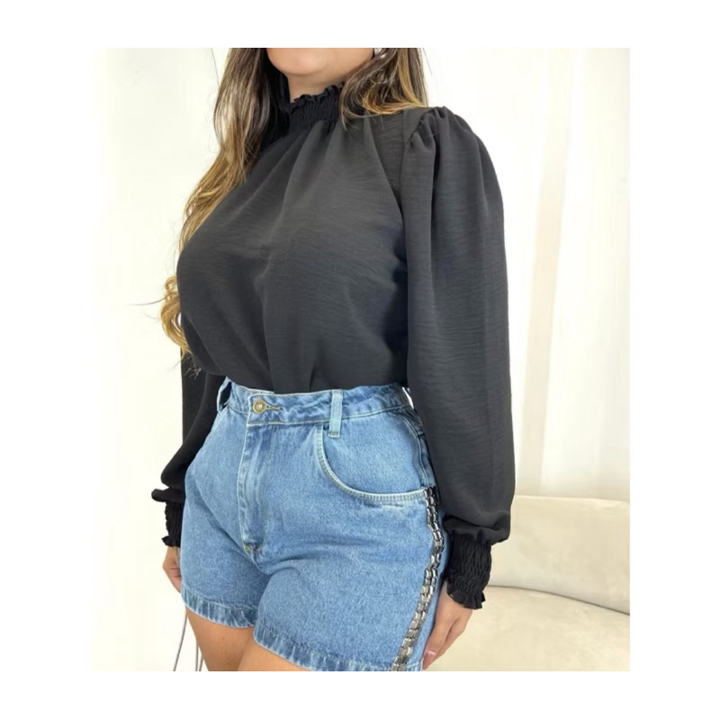 Camisa blusa manga longa princesa manga bufante tecido duna lastex