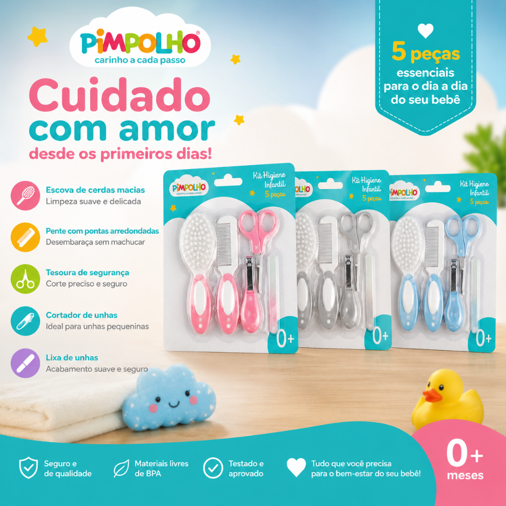 Kit Cuidados Higiene do Bebê 5 Peças Pimpolho Escova Pente Tesoura Cortador Lixa Unha