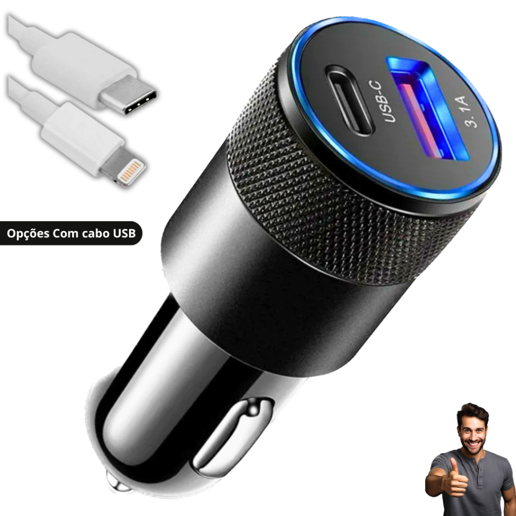 Carregador Veicular USB C + USB 3.4A Turbo Carregamento rápido/Universal