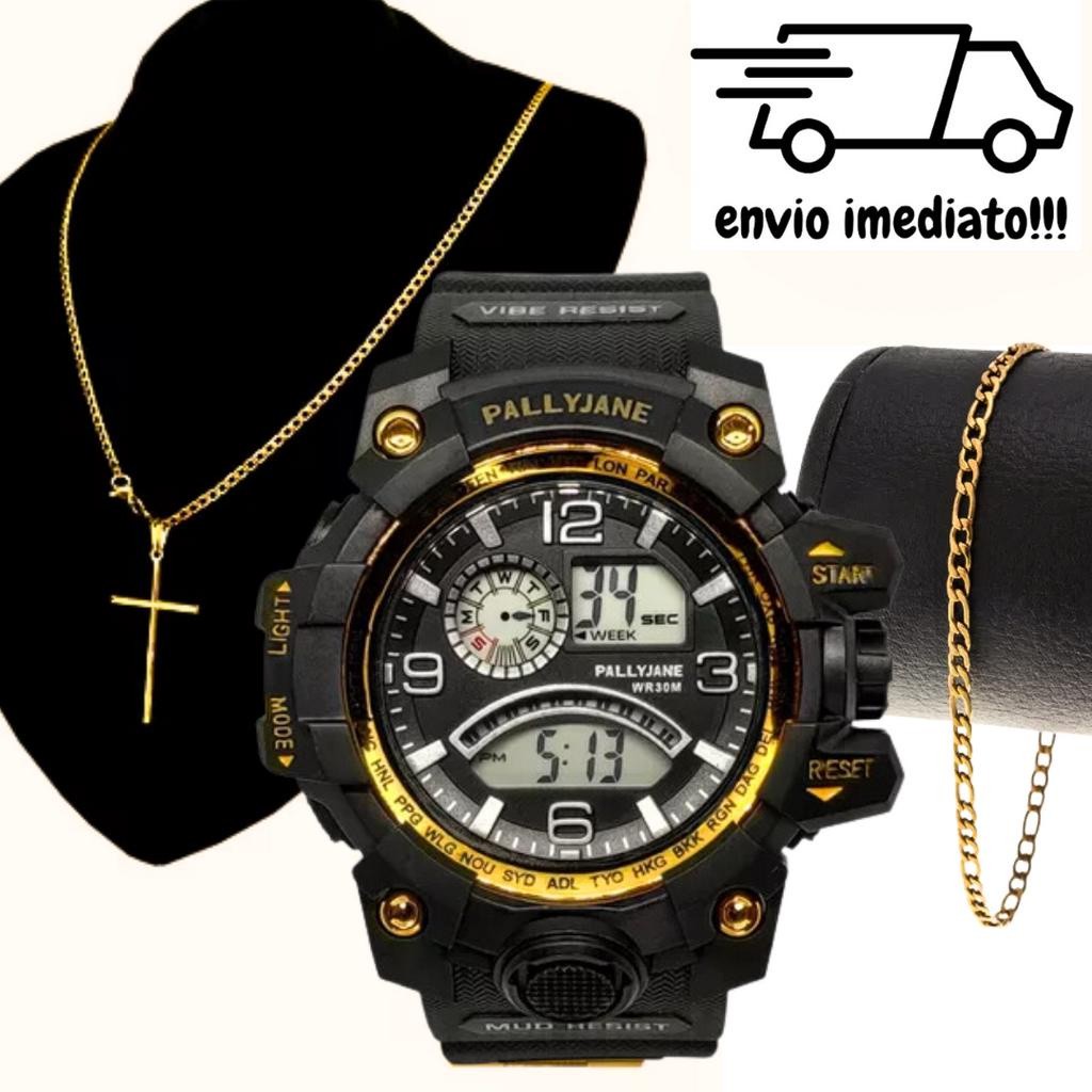 Kit Relógio Masculino Digital Esportivo + Corrente Cruz e Pulseira – Presente Masculino Luxo