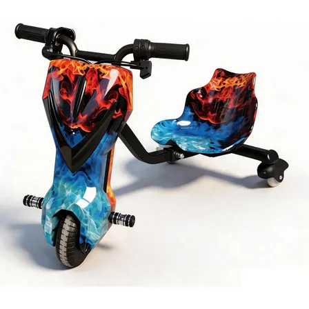Patinete Elétrico Drift Triciclo Infantil 250w 36v Bluetooth Chamas Vermelhas E Azuis