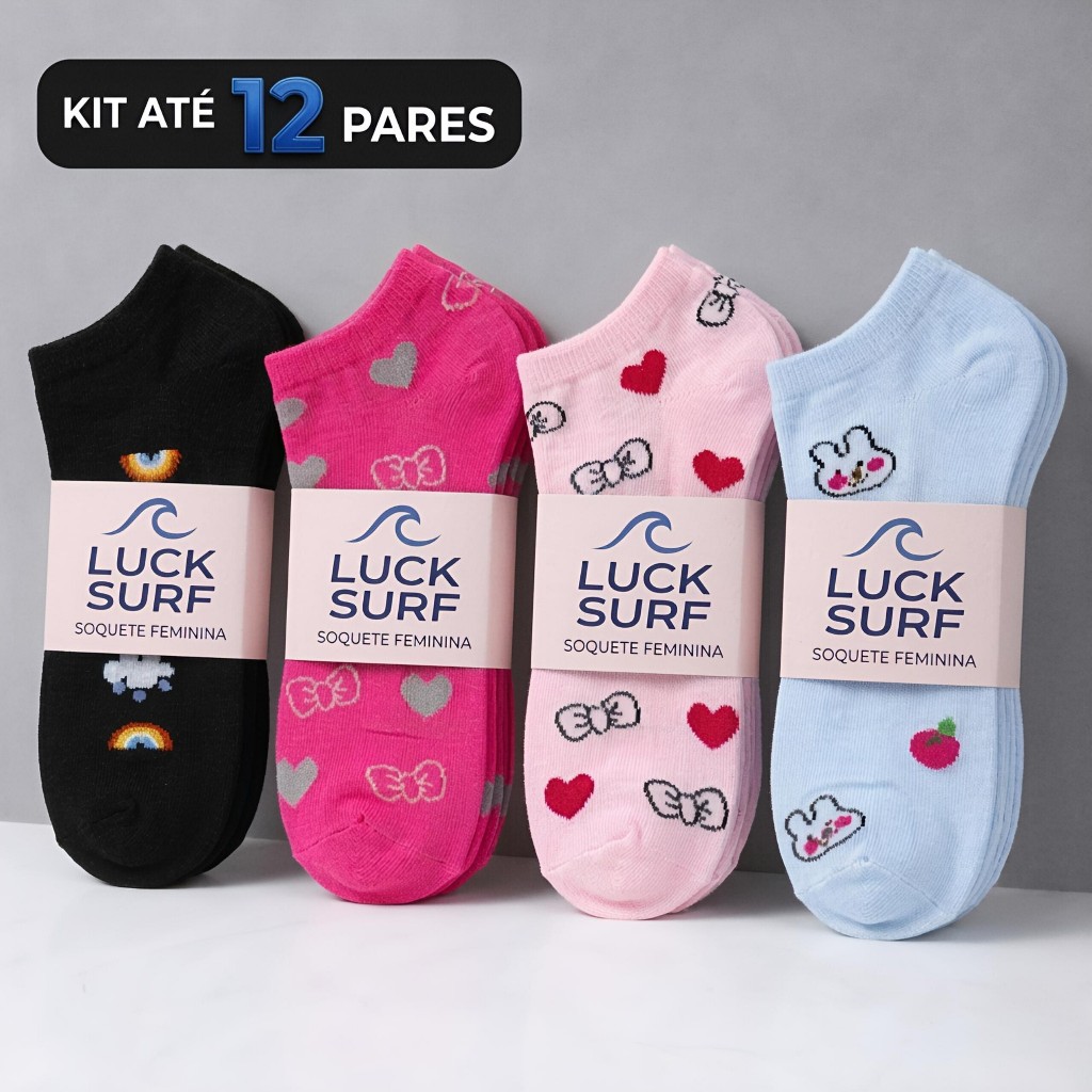 Kit até 12 Pares Meias Soquete Feminina Luck Surf Macia e Confortável