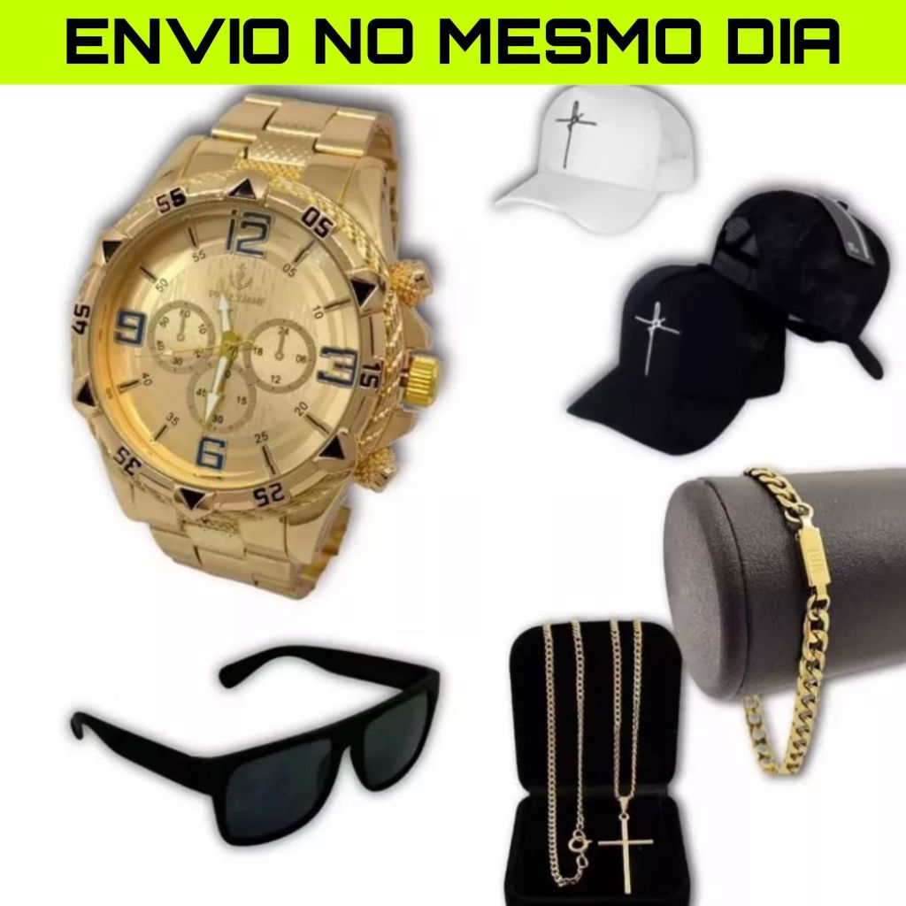Kit Masculino Relogio aço Dourado + Boné Fé + Oculos + Pulseira + Corrente Cruz Banhado a Ouro