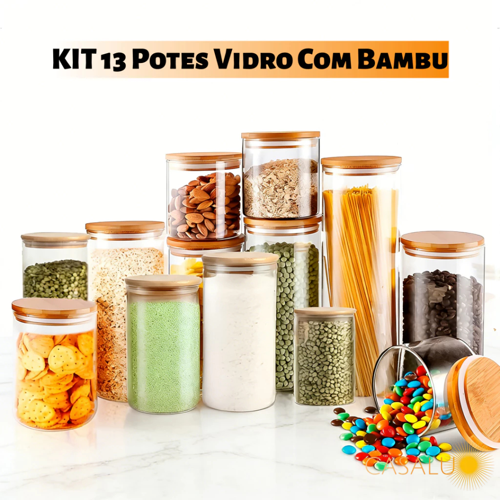 Kit 13 Potes Hermético para Mantimentos de Cozinha Dispensa Armário Plástico Vidro c/ Tampa de Bambu