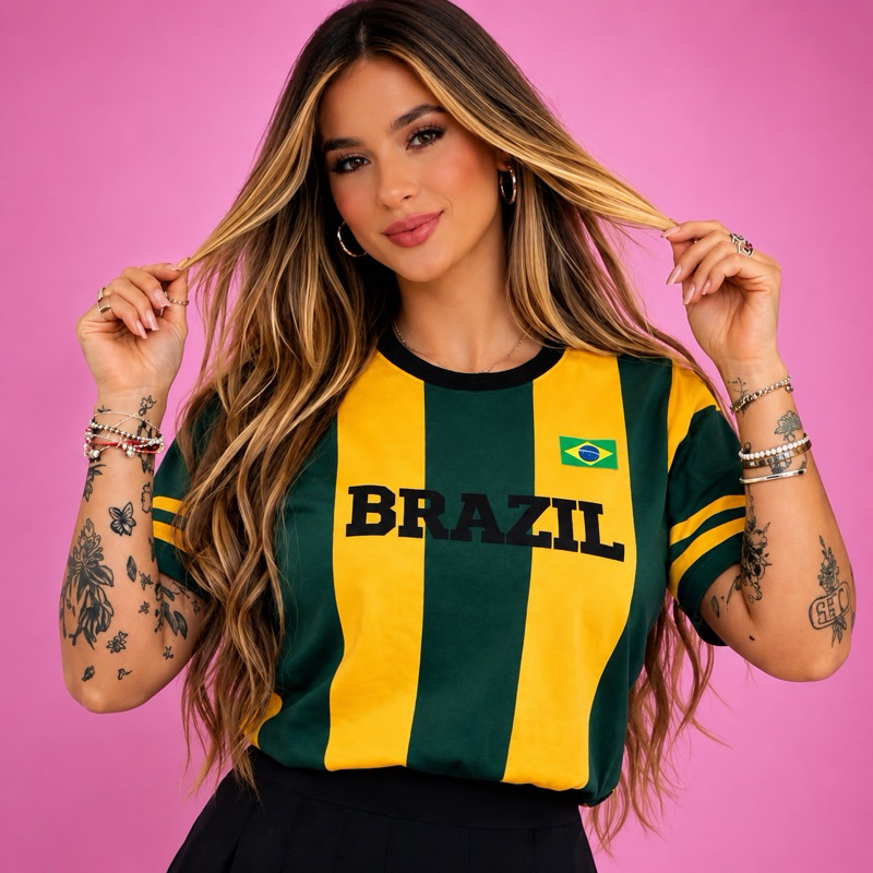 Camisa Brasil Feminina Copa Estilosa Verde e Amarela Casual