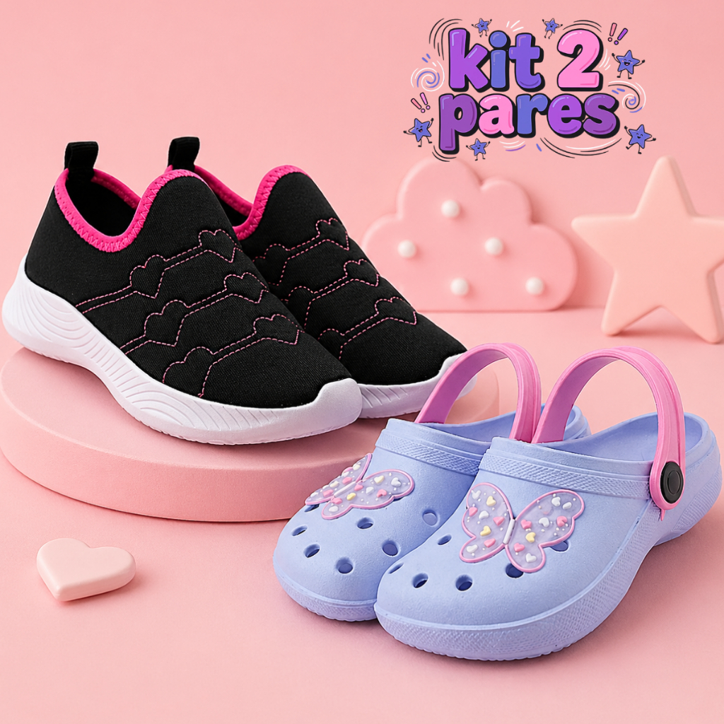 Kit Tênis Infantil Feminino + Sandália Babuche Infantil Menina Várias Cores