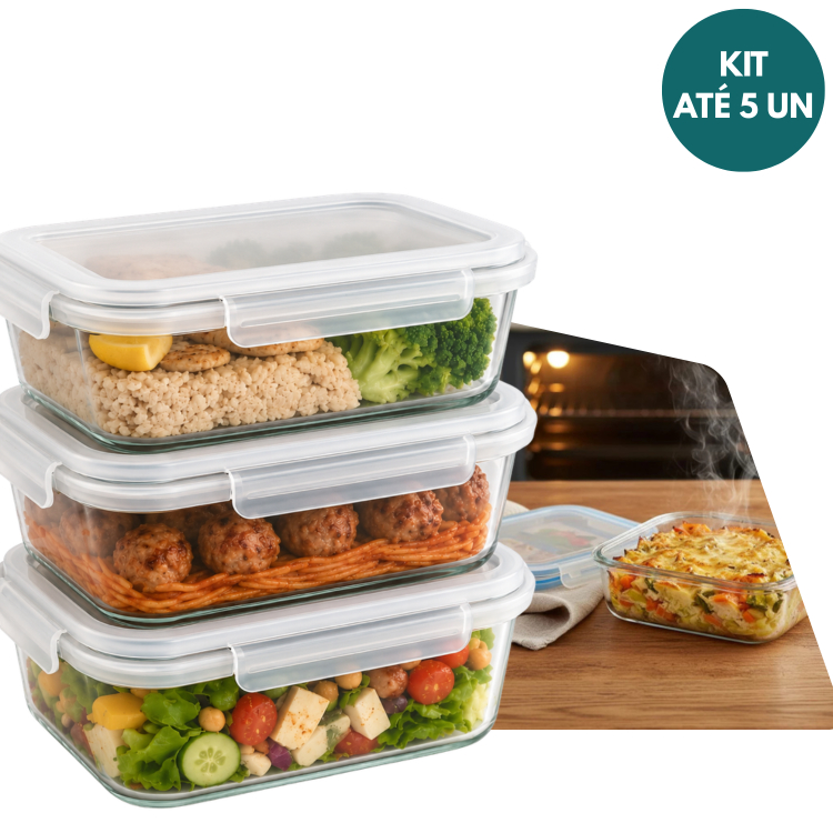 Kits 2 a 5 Pote Marmitas Vidro 630ml Hermética Com Tampa de Trava –Vedado Forno Freezer Micro-ondas Organização Fitness
