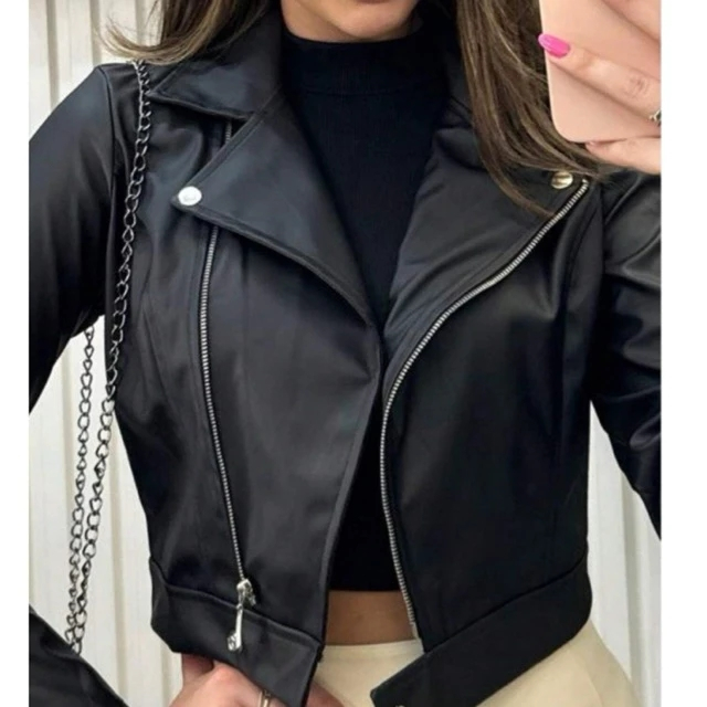 Jaqueta De Couro Feminina Com Ziper Manga Longa