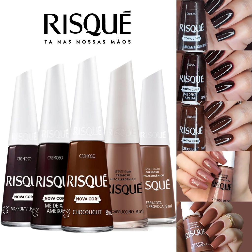 Kit Esmaltes Risqué Novas Cores Cremosas Tons Terrosos Marrom Nude Esmalte Atacado