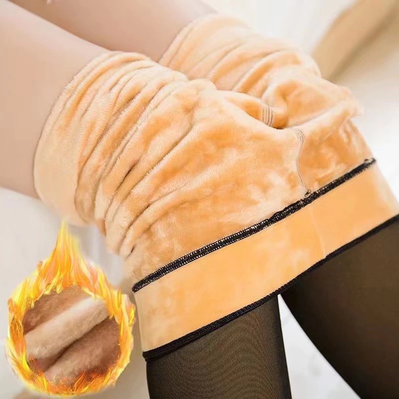 Meia-Calça Térmica Forrada Peluciada Translúcida de Lã Legging Grossa Inverno Quente Feminina Fio 220 C
