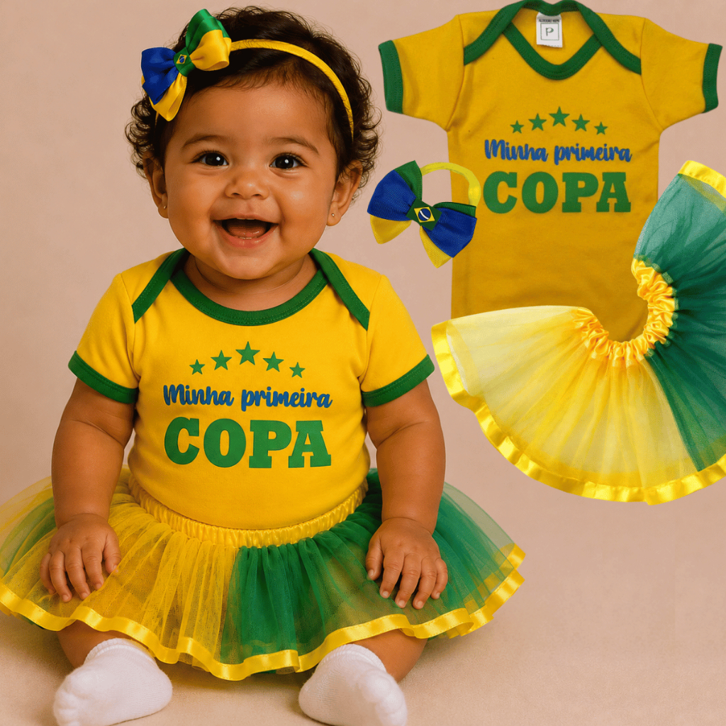 Body Infantil Bebe Brasil Primeira Copa Temático Copa do Mundo Roupa Mêsversario Para Menino Menina