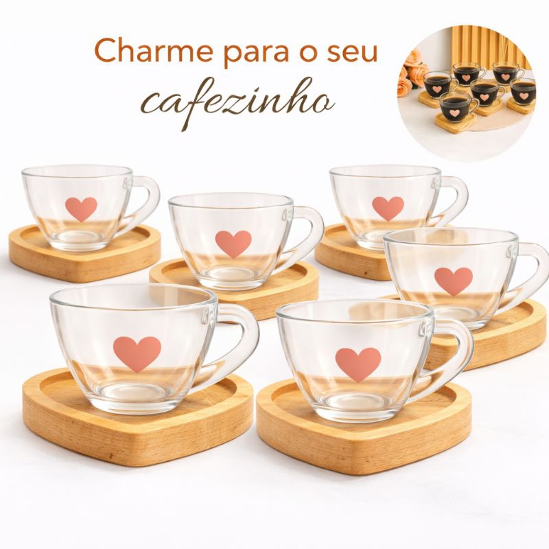 Jogo de Xícaras de Café com Pires de Madeira Coração Cantinho do Café Kit Presente Feminino