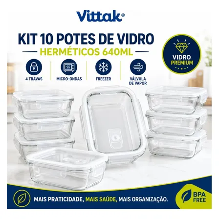 Vittak Kit 10 Potes Vidro Hermético Com 4 Travas Marmita Microondas Freezer Transparente 640ml