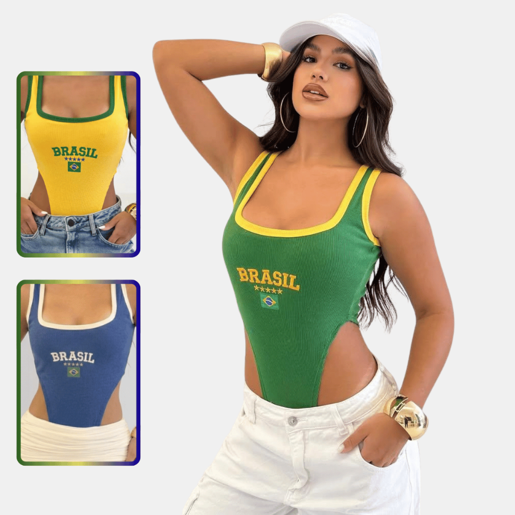 Body Bordado Brasil Cintura Cavada Decote Quadrado Estampa Brasileira Moda Esportiva Verão