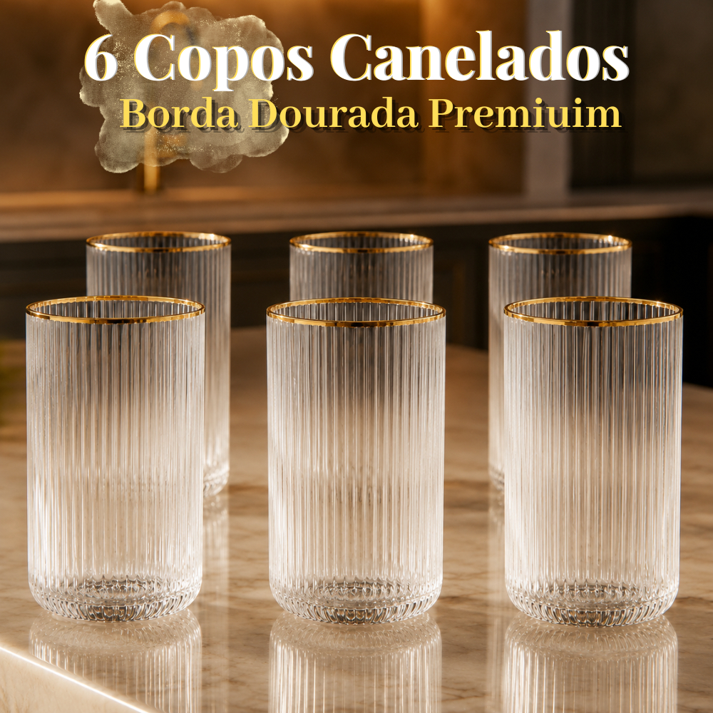 Jogo de Copos Vidro Borda Dourada Canelado 12 ou 6 unidades 420ml Elegante