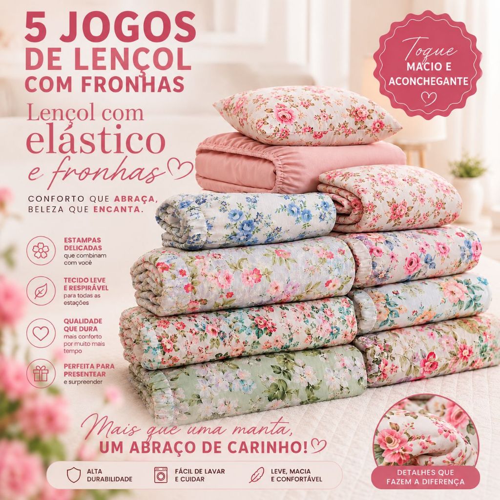 Kit 5 Jogos De Lençol Casal 400 Fios 3 Peças Conforto Premium Cama Florido Estampado
