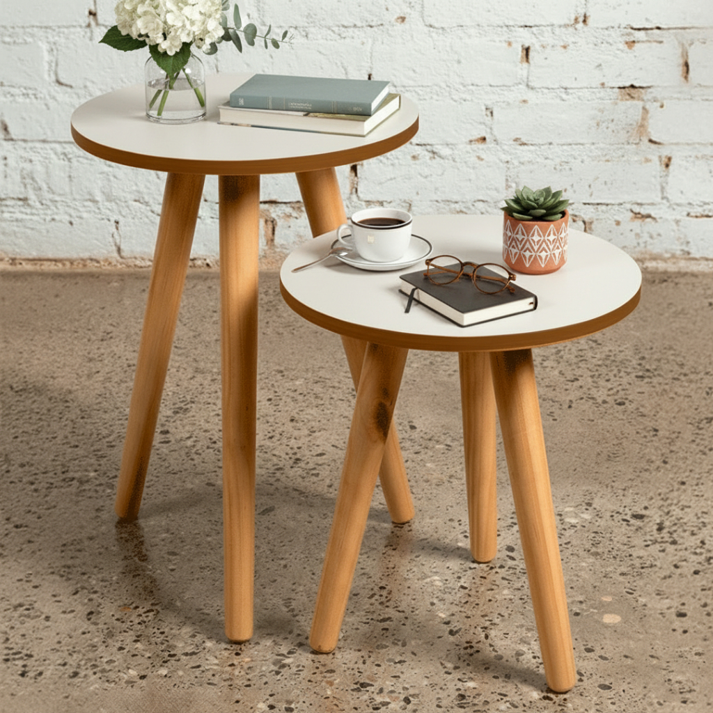 Conjunto de Mesa Canto Pe Palito Madeira Tripe Porta Quadros E Objetos Branco Ou Preto