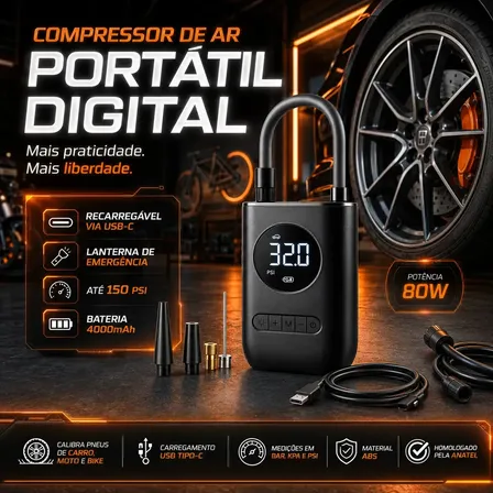 Mini Compressor De Ar De Bomba De Pneu Inflável Sem Fio B&g Preto 60 Hz Monofásica 127/220v