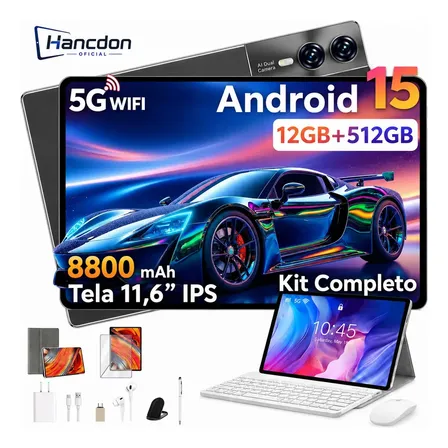 Tablet Hancdon S12 Android 15 12GB RAM 512GB Memória 11,6" Dual SIM Wi-Fi Kit Completo Com Teclado Mouse e Caneta Cor Cinza