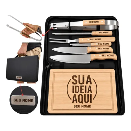 Kit Churrasco Personalizado Tábua Faca Garfo Nome Time Logo