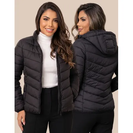 Jaqueta Feminina Puffer Impermeável Capuz Inverno Frio Preto M(38/40)