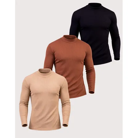 Kit 3 Cacharrel Suéter Canelada Masculina Inverno Premium Preto/marrom/bege Canelada Gg