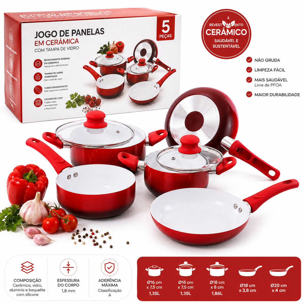 Kit Jogo Panelas Em Cerâmica Tampa De Vidro Frigideira 5 Pçs