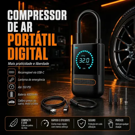 Compressor Calibrador De Pneus Calibrador B&G Portátil Mini Digital Carro Bike Sem Fio Cor Preto
