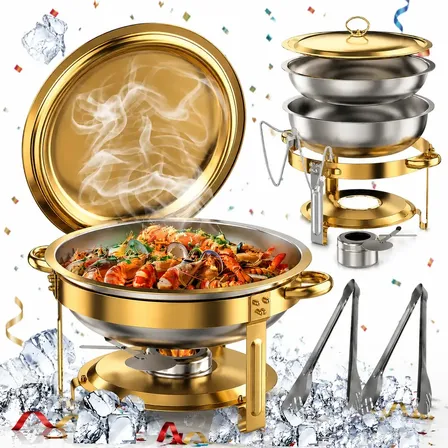 Rechaud Buffet Redondo 6L em Aço Inoxidável Dourado com Sistema Banho Maria, Tampa e Suporte, Ideal para Buffet, Restaurante, Hotel, Casamentos, Catering, Festas e Eventos