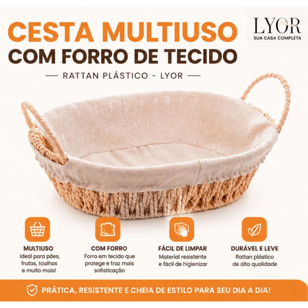 Cesta para Presente Pão Multiuso Ratan com Forro em Tecido Diversos Tamanhos Wolff