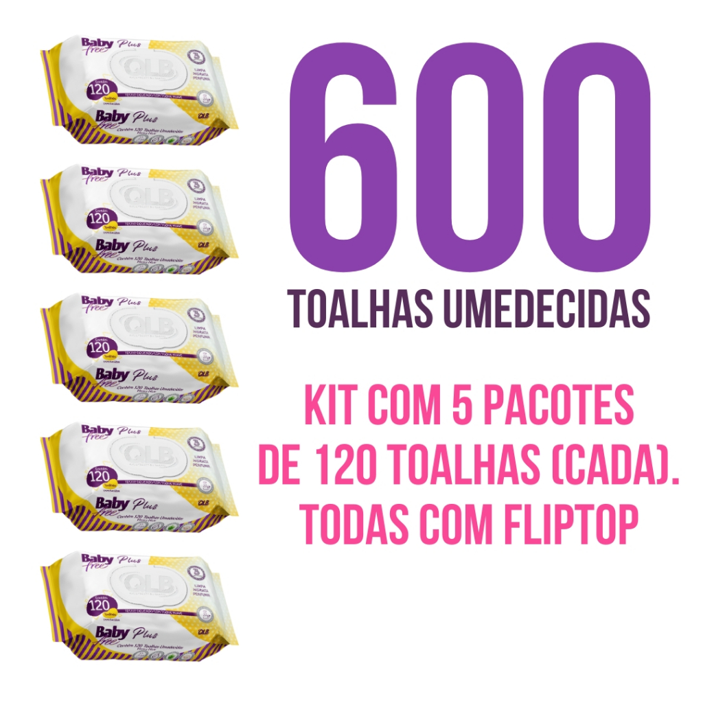 Caixa com 5 Lenços/Toalhas Umedecidas Baby Free Plus c/ 120 Unidades Cada - Tampa FlipTop