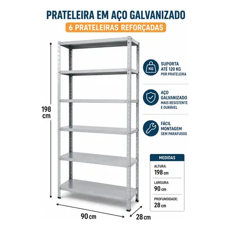 Prateleira Estante Aço Galvanizado 6 Bandejas 1,98x90x28cm Cinza