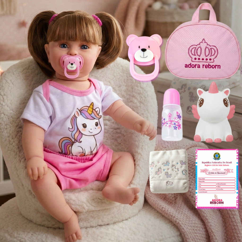 Boneca Bebê Reborn Unicórnio Menina Original Realista de Silicone Pode Dar Banho Com Bolsa Maternidade