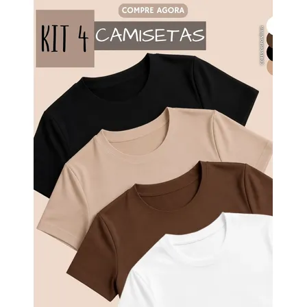 Kit 4 Blusas Feminina Suplex Estilosa T Shirt Básica Casual Preto + Branco + Marrom + Nude Liso G/gg (40-42)
